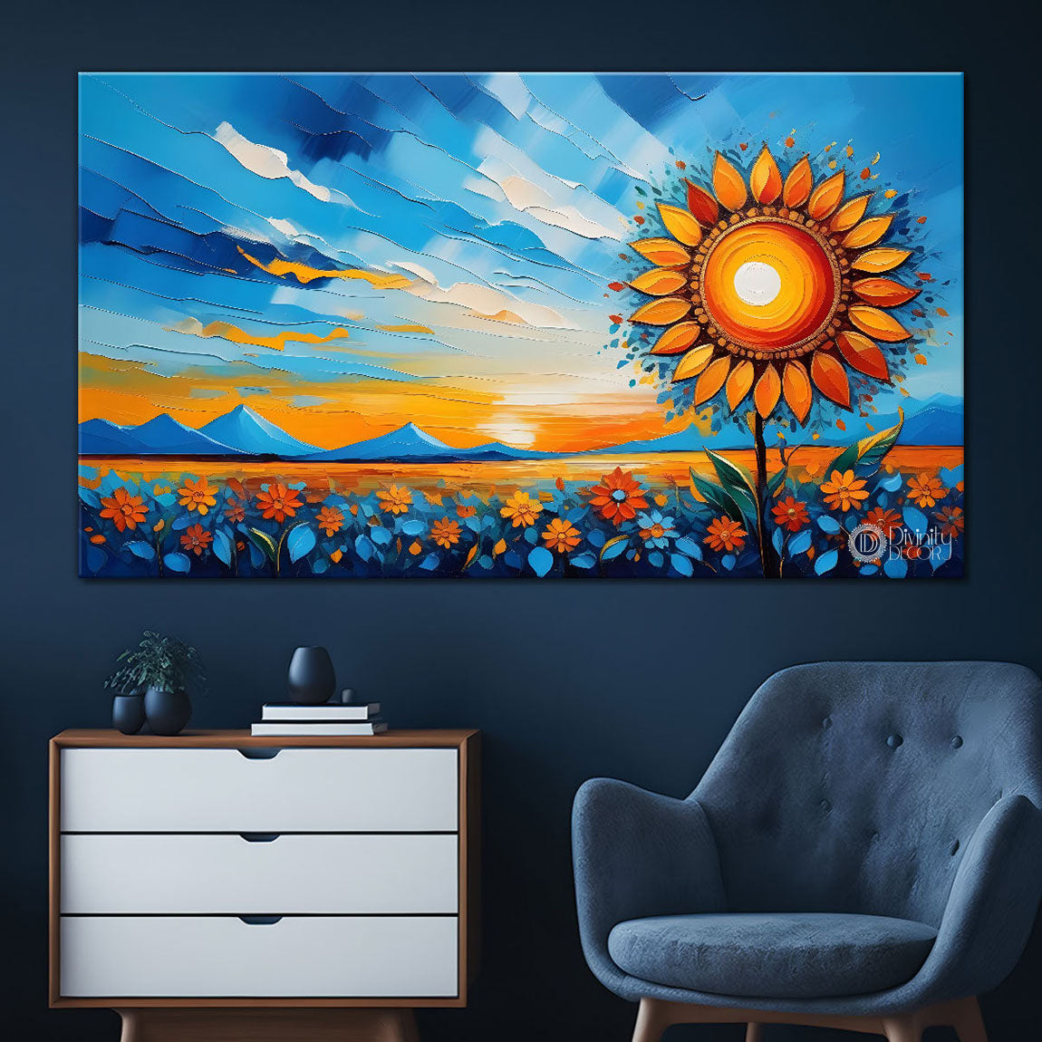 Mountains with flowers and sunset painting Canvas Painting - Nature Art -386