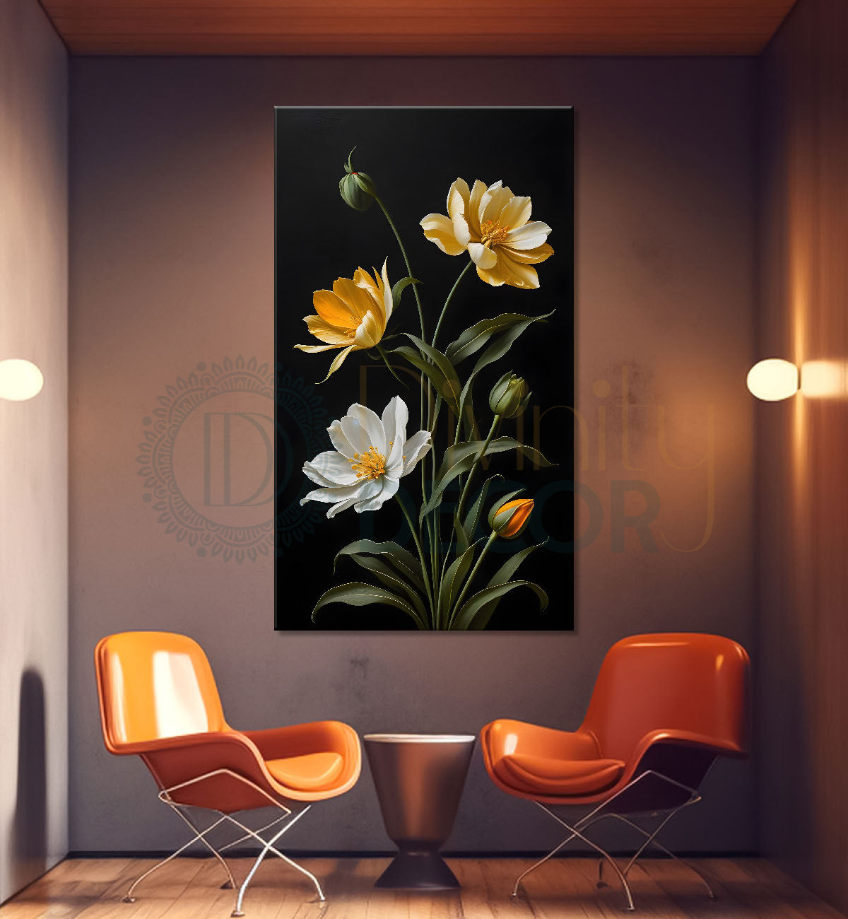 White and yellow flowers in dark textured painting- Flower-V-386