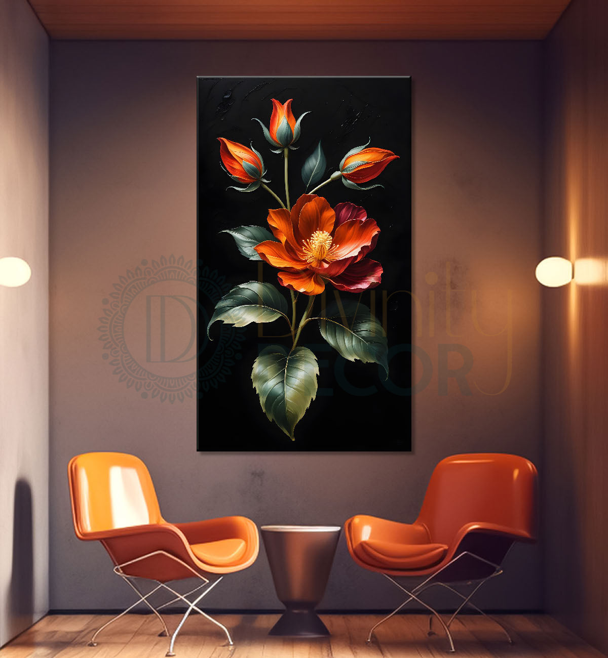 Red flowers in dark textured painting- Flower-V-387