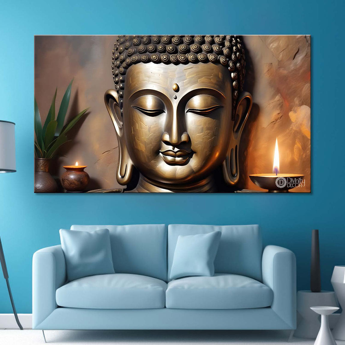 Golden buddha with brown and Diya textured background painting Canvas Wall Painting - Buddha-388