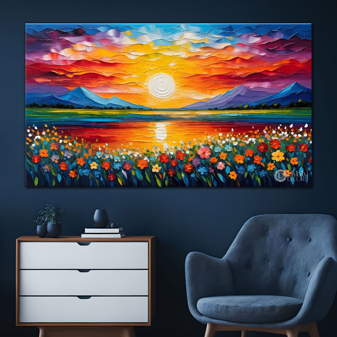 Mountains with flowers and sunset painting Canvas Painting - Nature Art -388