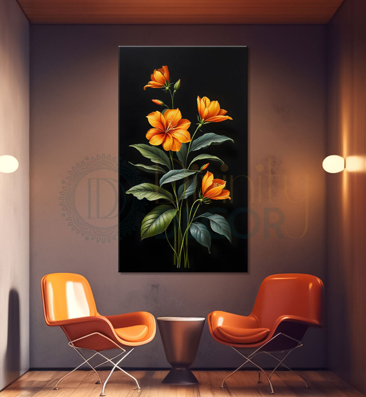 Yellow flowers in dark textured painting- Flower-V-388