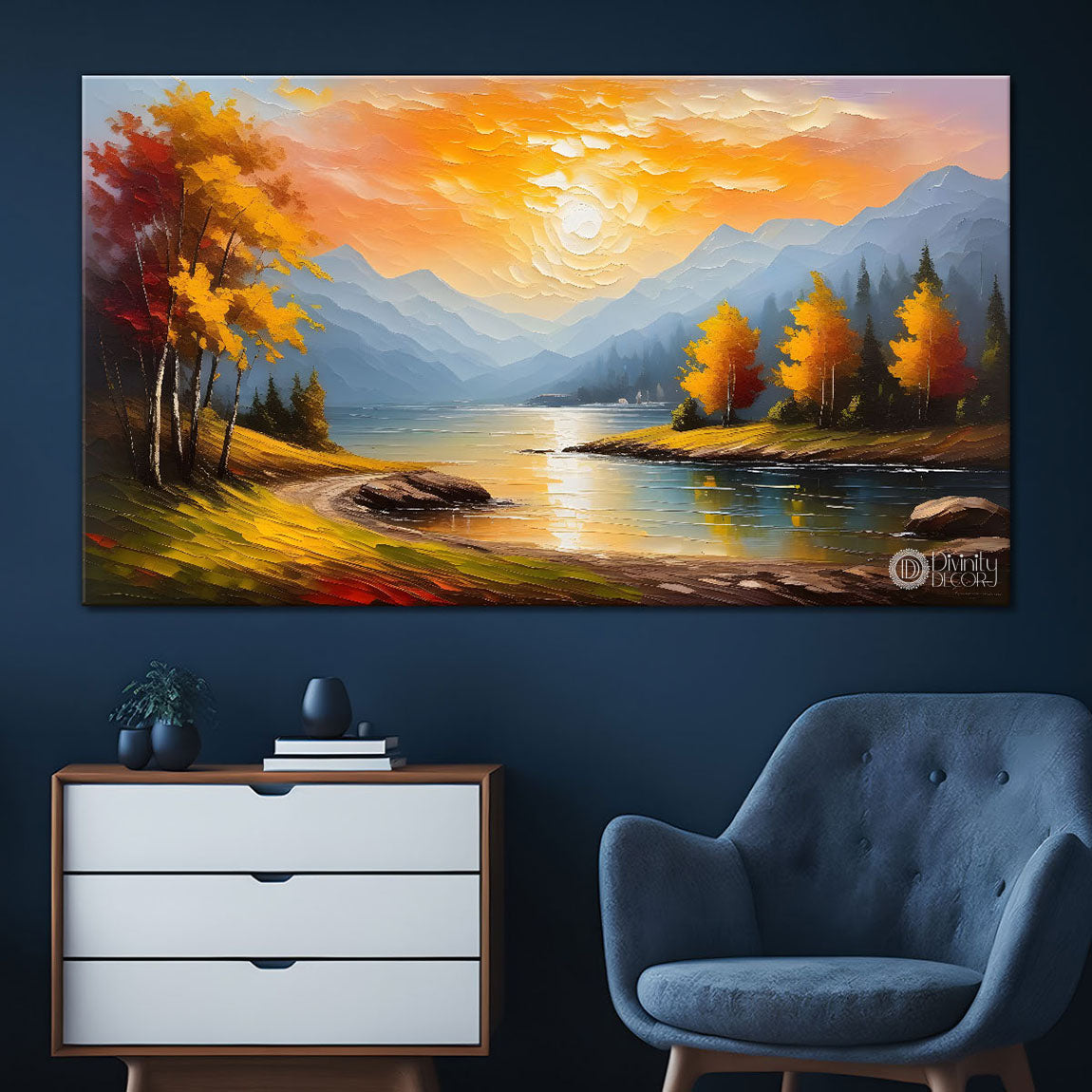 Trees with mountains and river painting Canvas Painting - Nature Art -389