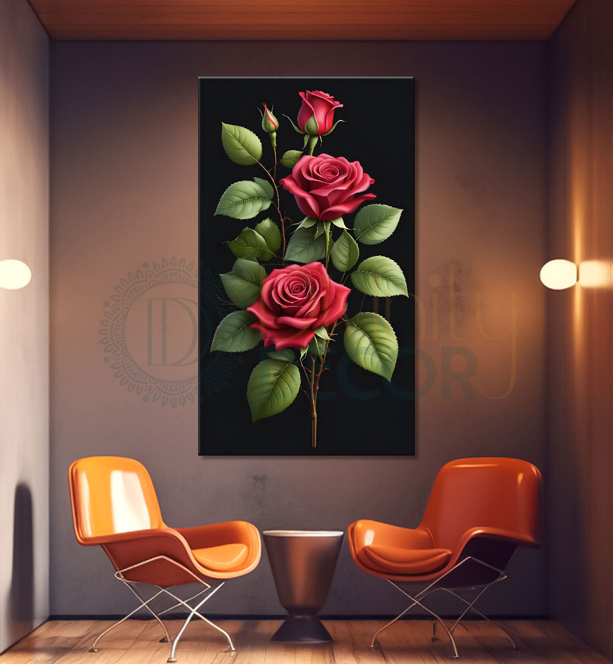 Red roses in dark textured painting- Flower-V-389