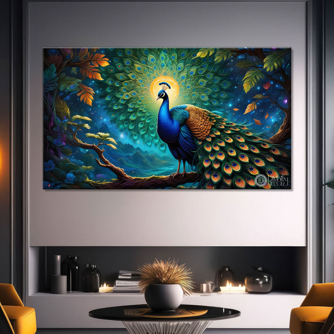 Peacock in bright green colors oil painting Canvas Painting - Design - Peacock-39