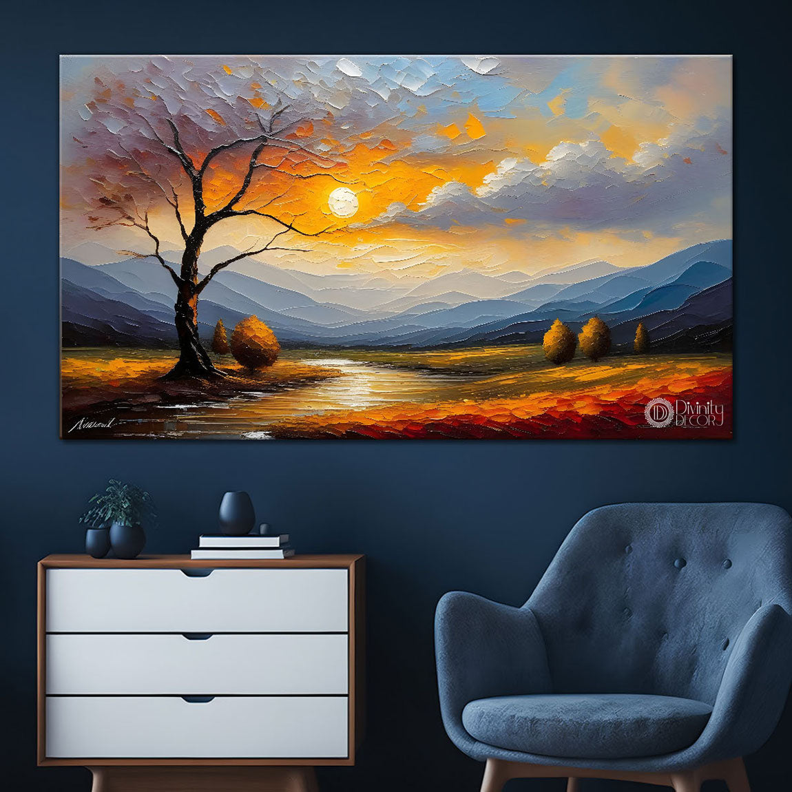 Tree with sunset painting Canvas Painting - Nature Art -390