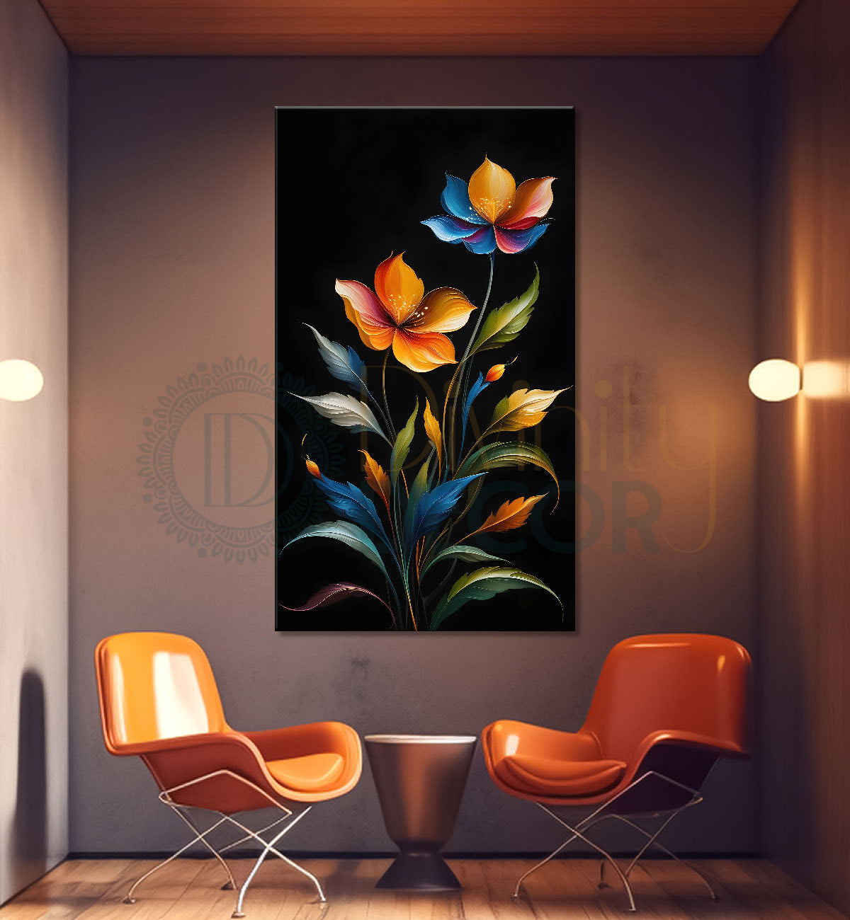 Orange flowers in dark textured painting- Flower-V-391
