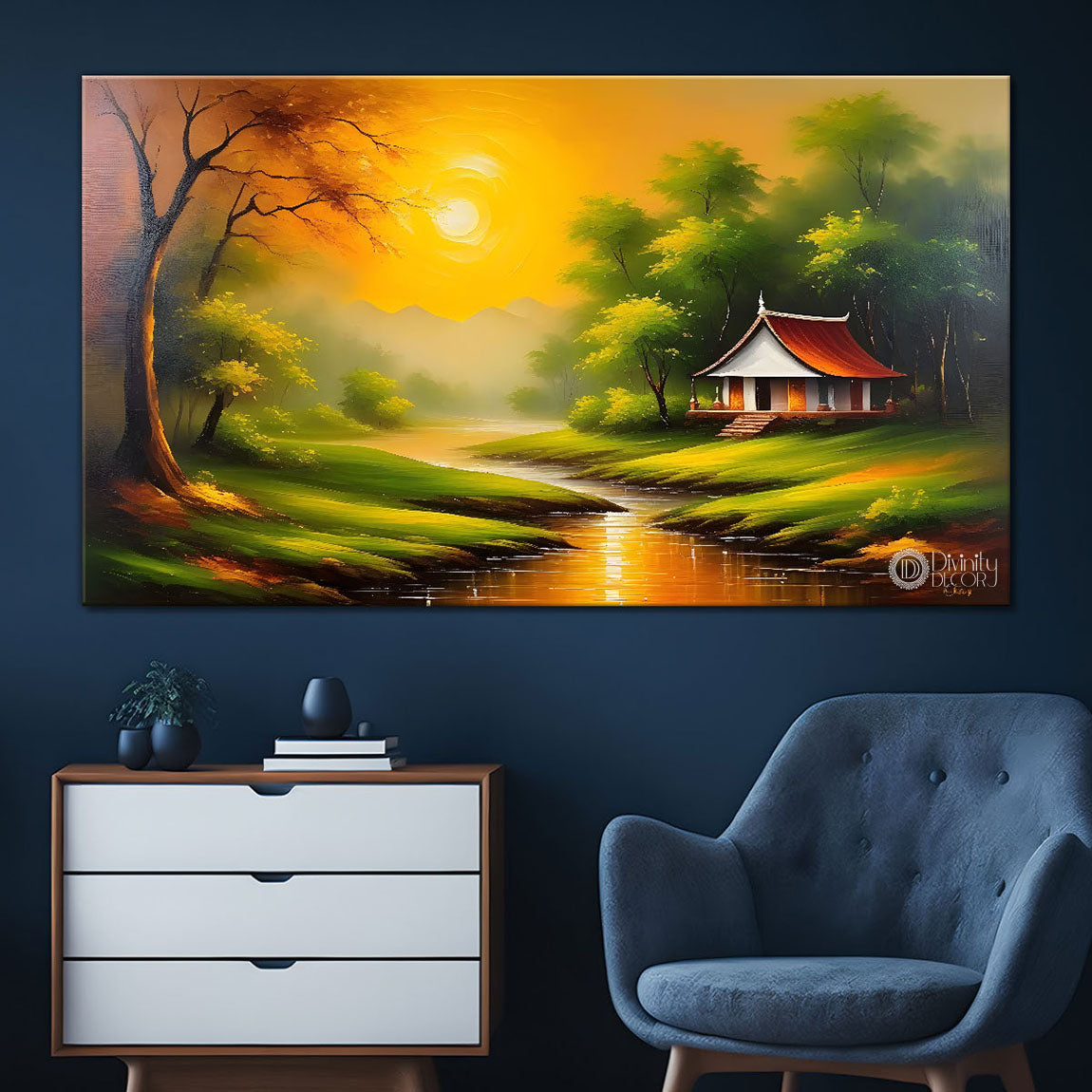 Trees with house textured painting Canvas Painting - Nature Art -391