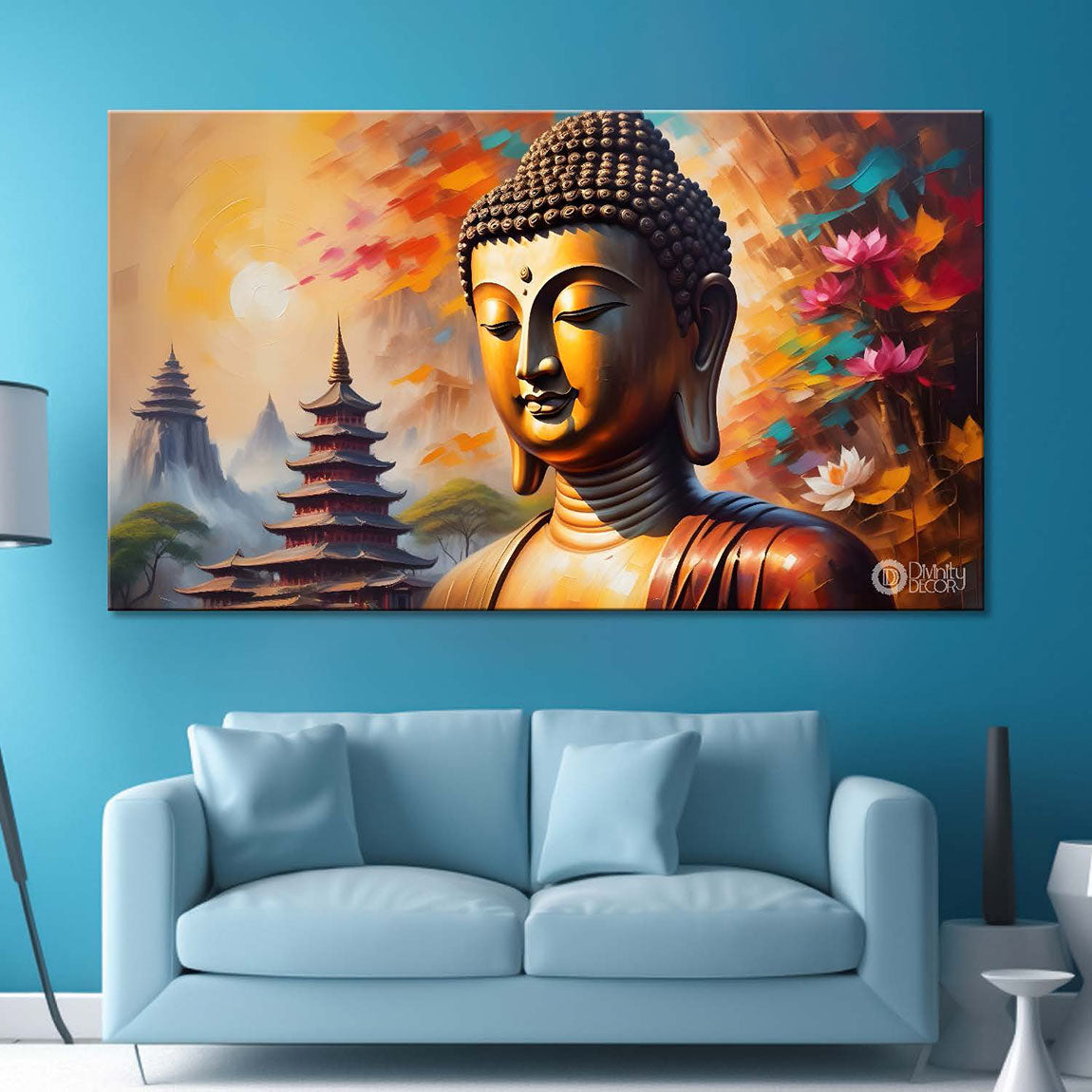 Golden buddha with temple textured painting Canvas Wall Painting - Buddha-392