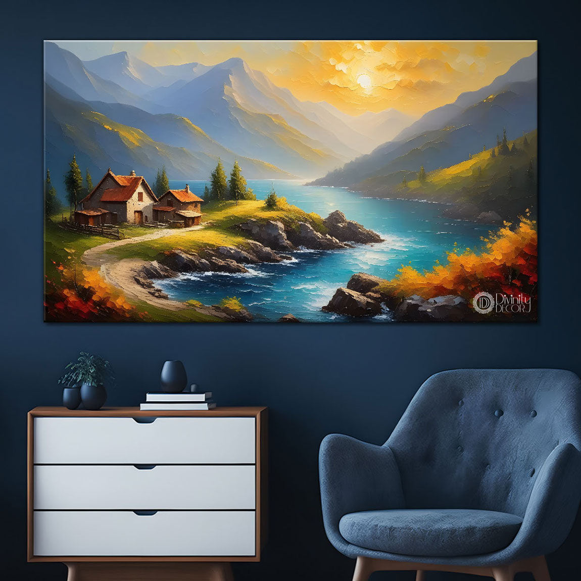 Mountains with river and sunset painting Canvas Painting - Nature Art -392