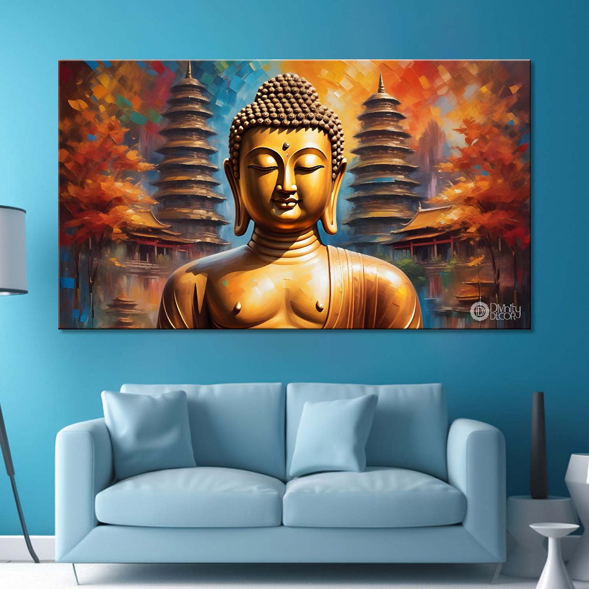 Golden buddha with temple textured painting Canvas Wall Painting - Buddha-393