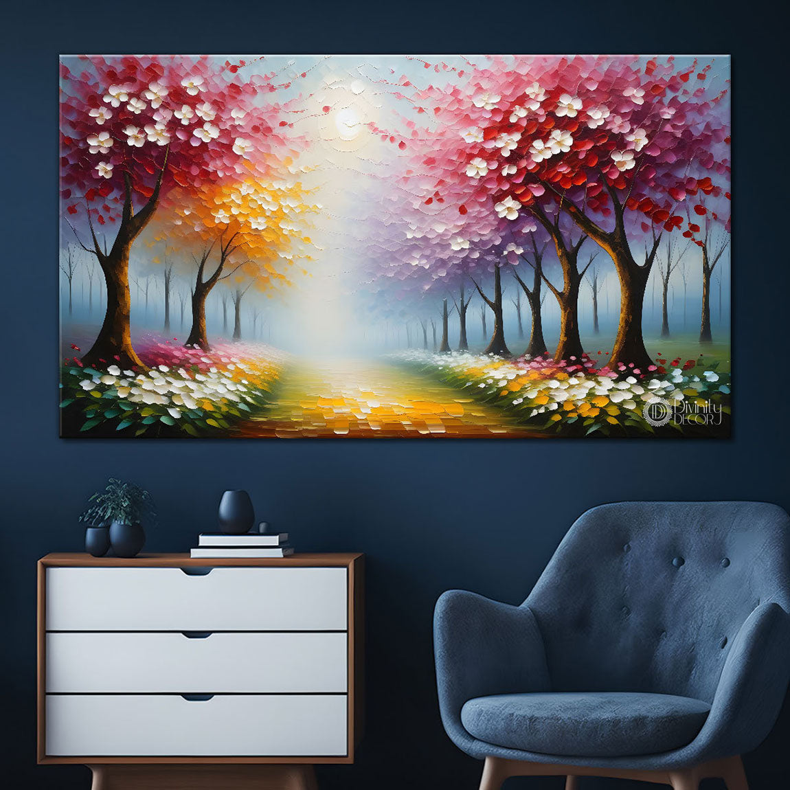 Pink trees with sun painting Canvas Painting - Nature Art -393