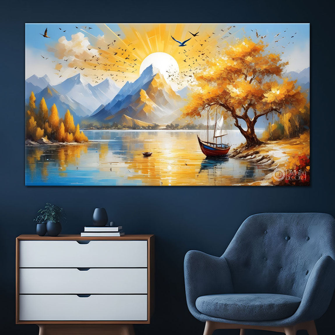 Mountains with golden trees and river painting Canvas Painting - Nature Art -394