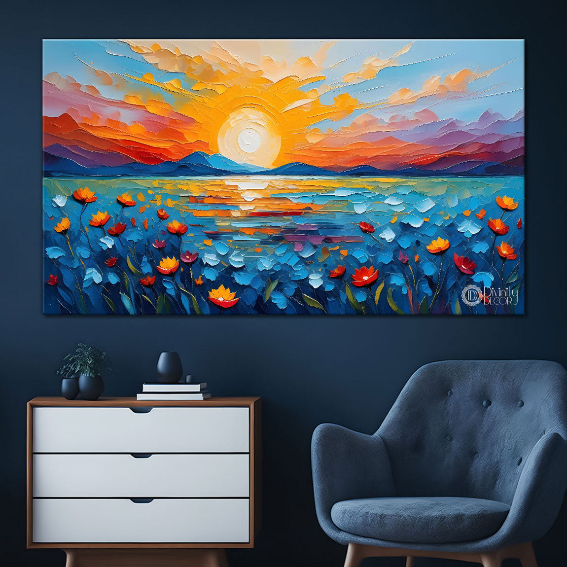 Mountains with flowers and sunset painting Canvas Painting - Nature Art -395