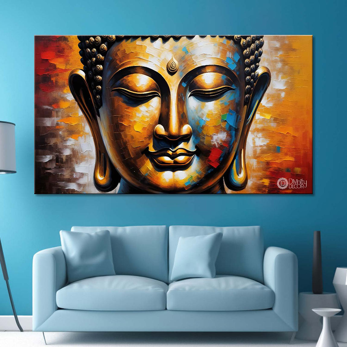 Golden buddha with colorful textured background painting Canvas Wall Painting - Buddha-396