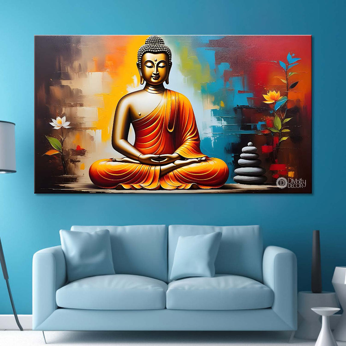 Golden buddha with colorful textured background painting Canvas Wall Painting - Buddha-397