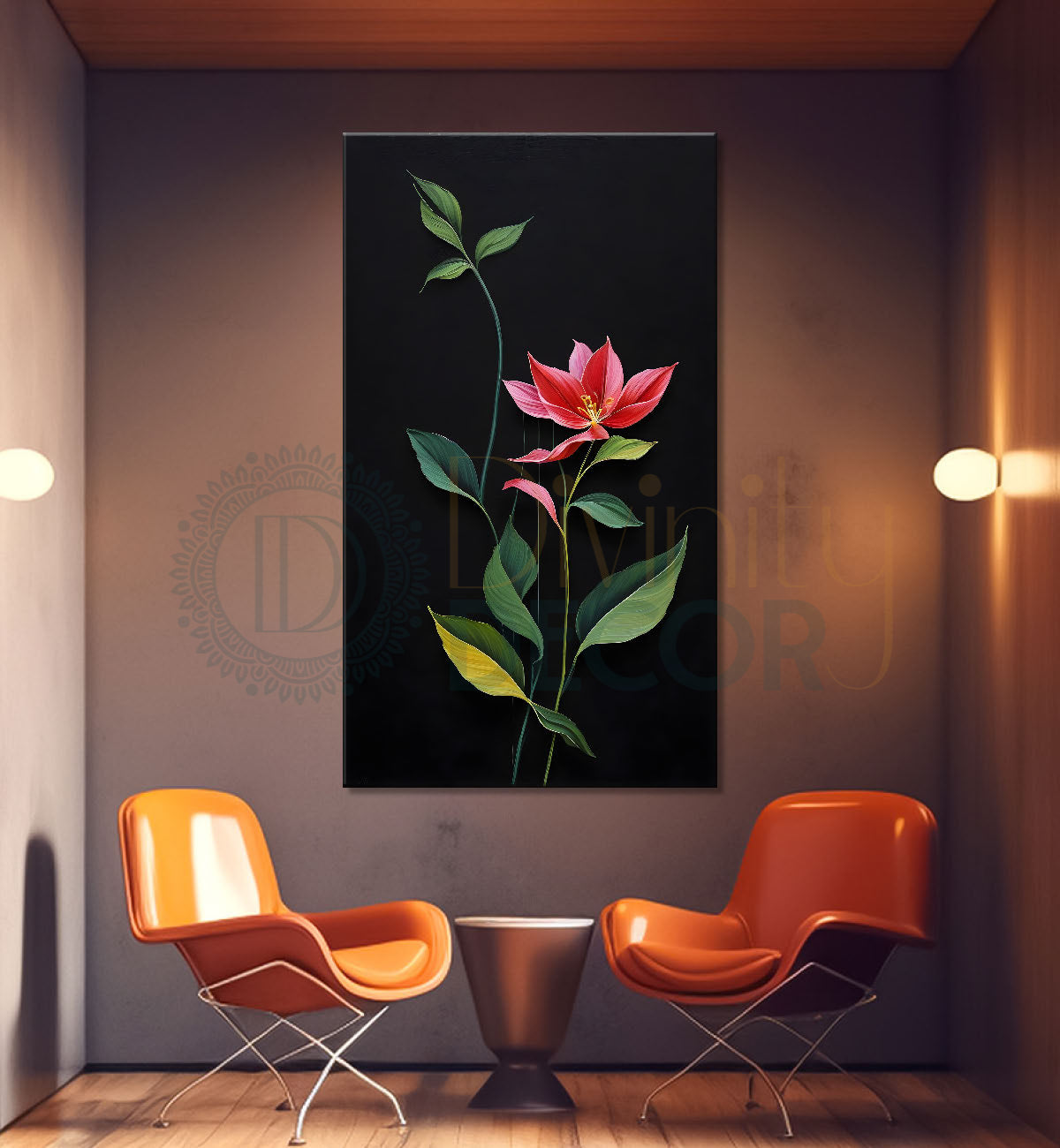 Red flowers in dark textured painting- Flower-V-398