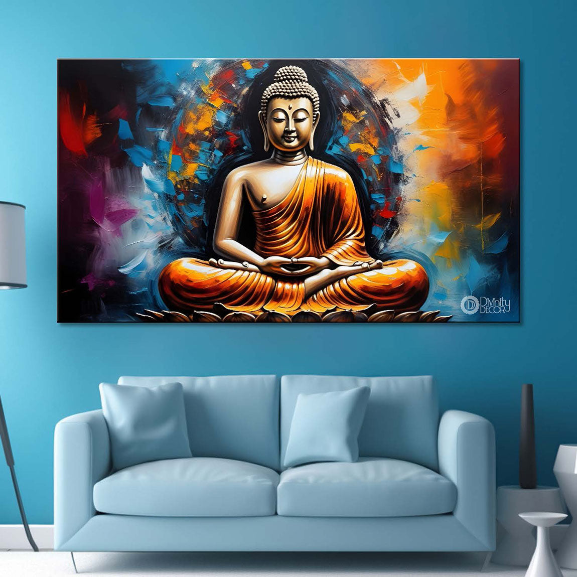 Golden buddha with colorful textured background painting Canvas Wall Painting - Buddha-399
