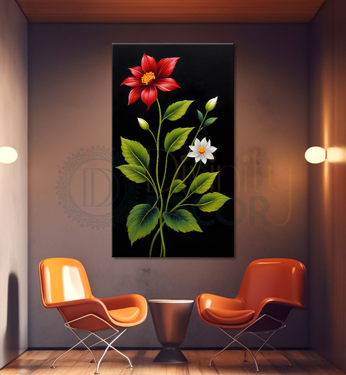 Red flowers in dark textured painting- Flower-V-399