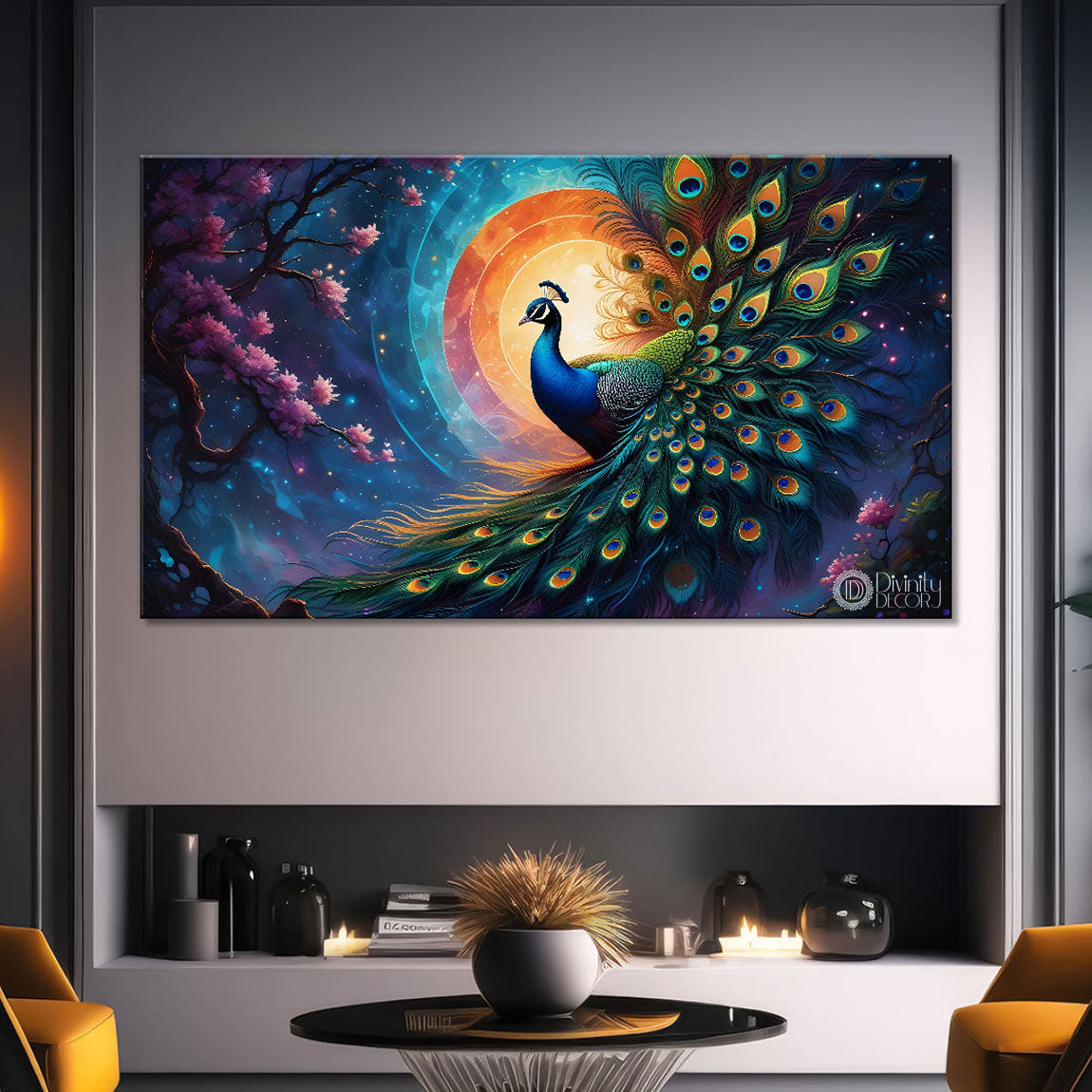Peacock on pink tree branch painting Canvas Painting - Design - Peacock-40