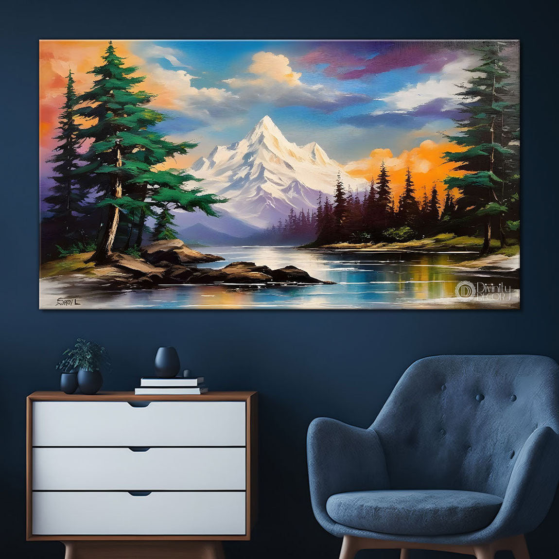 Mountains with trees painting Canvas Painting - Nature Art -400