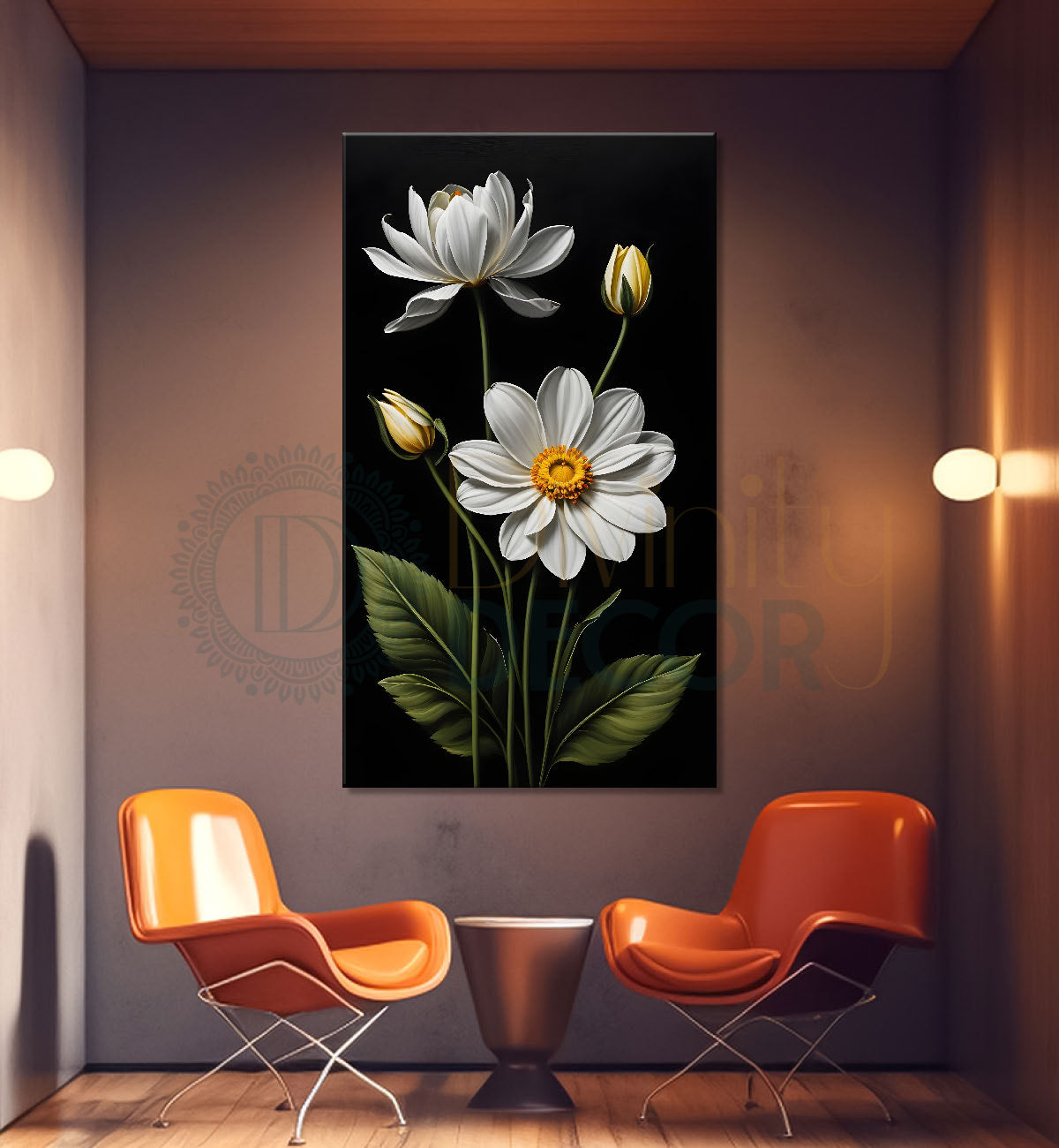 White flowers in dark textured painting- Flower-V-400