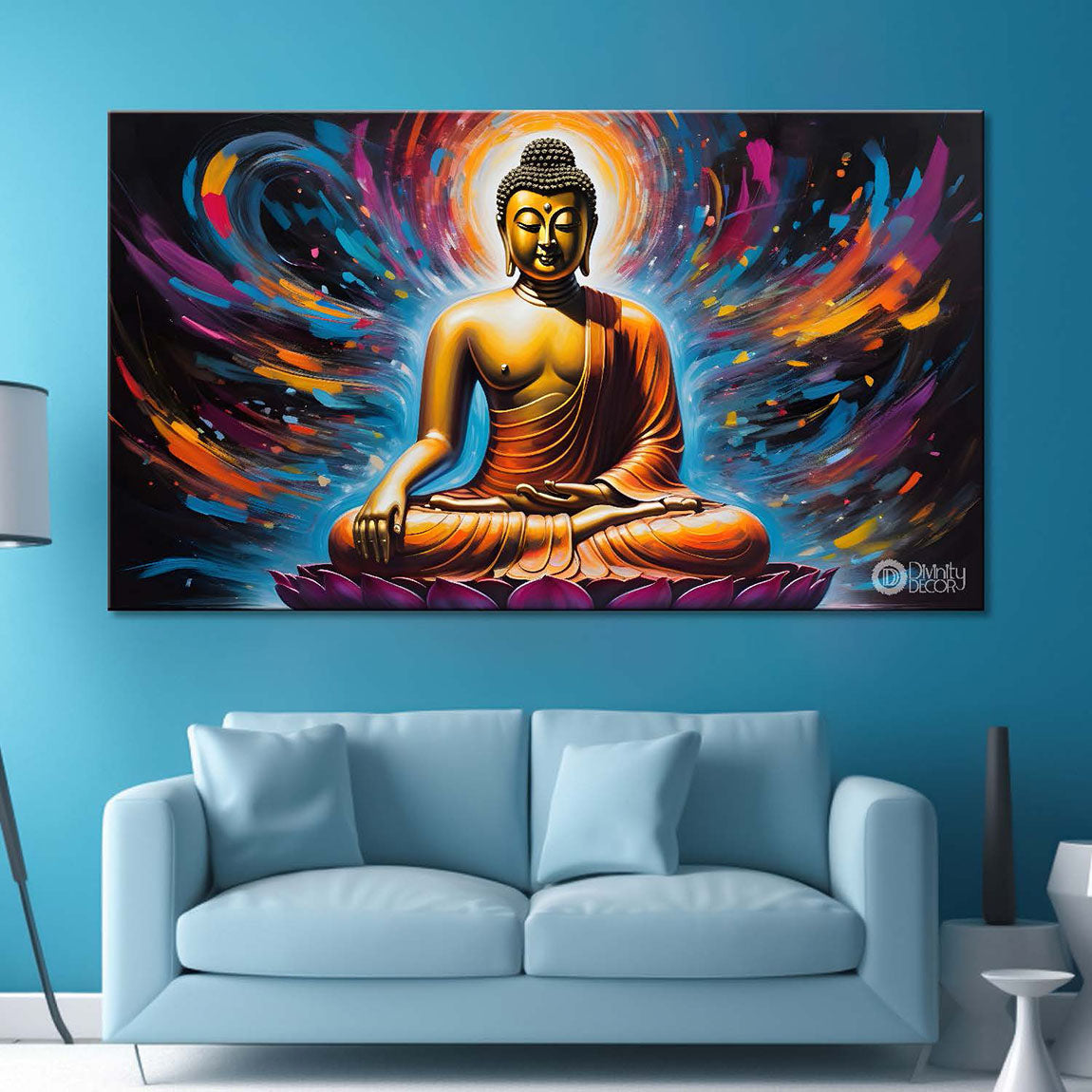 Golden buddha with colorful textured background painting Canvas Wall Painting - Buddha-401