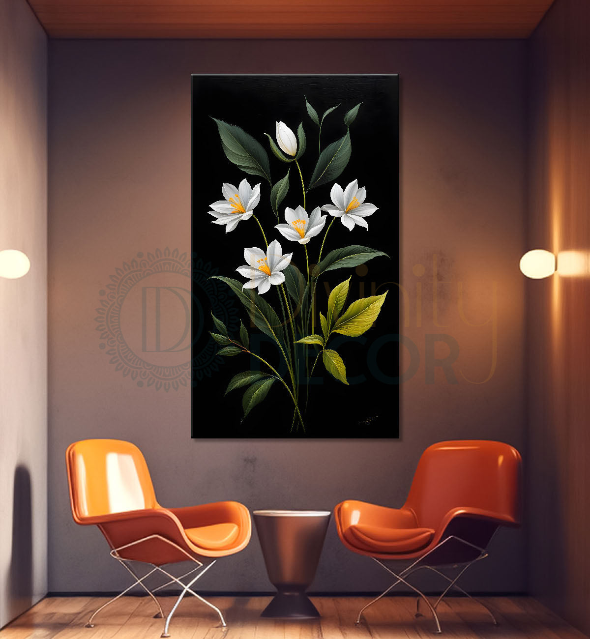 White flowers in dark textured painting- Flower-V-402