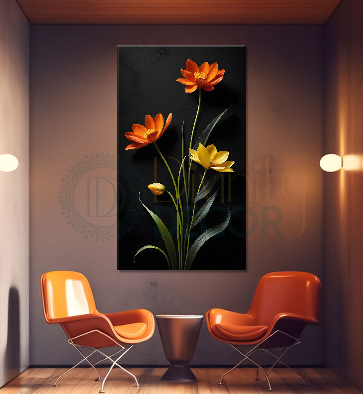 Orange flowers in dark textured painting- Flower-V-403