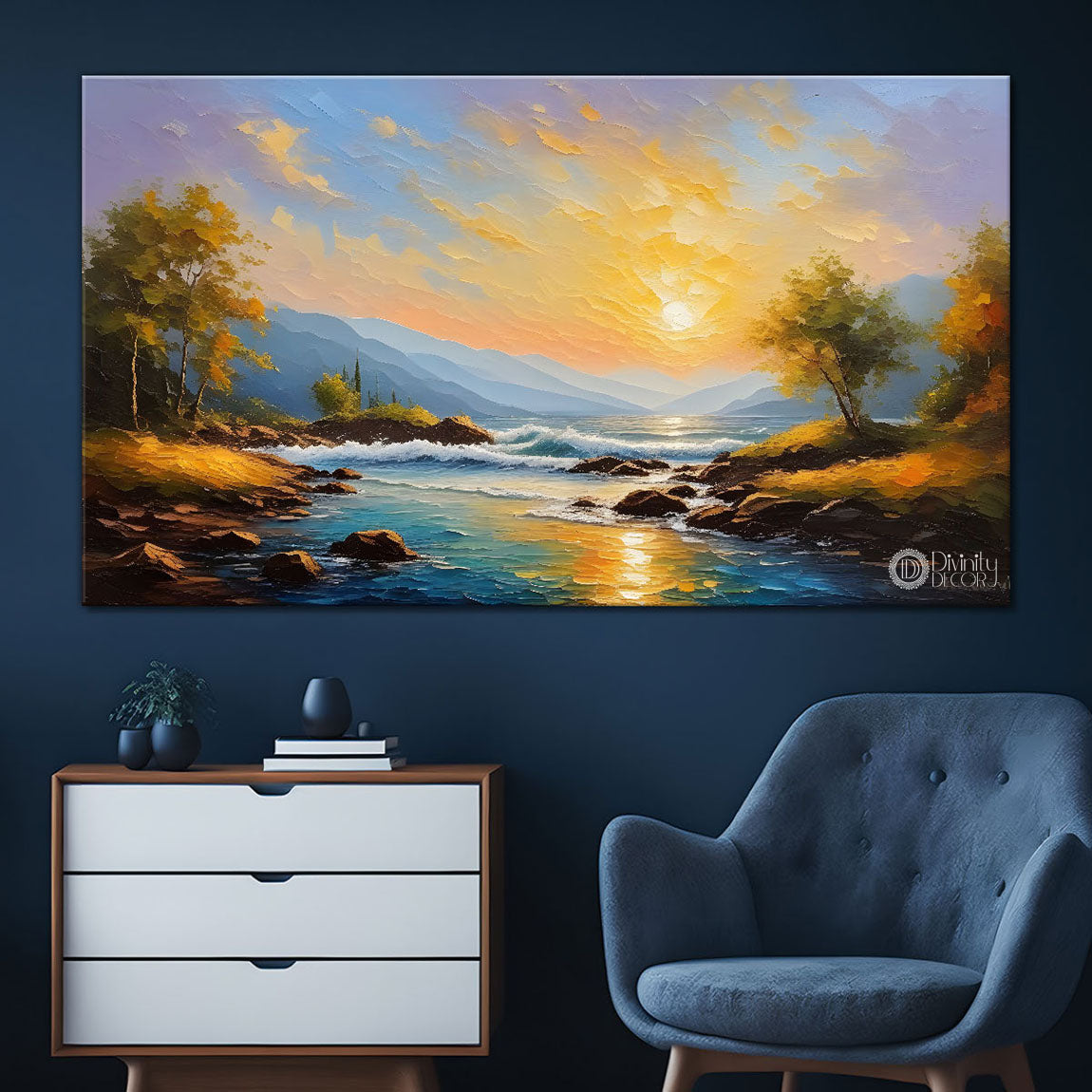 Mountains with river and sunrise painting Canvas Painting - Nature Art -404