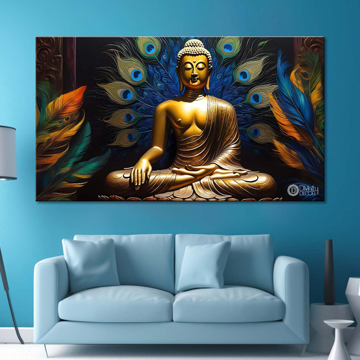 Golden buddha with dark and peacock feathers background textured painting Canvas Wall Painting - Buddha-405