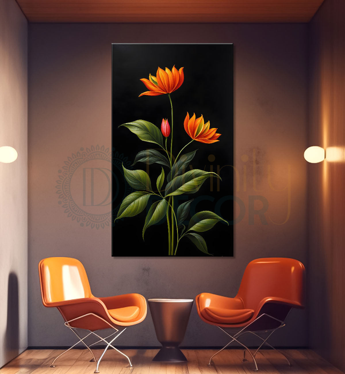Orange flowers in dark textured painting- Flower-V-405