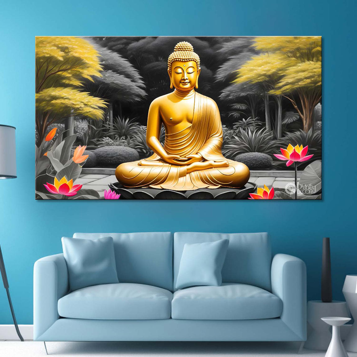 Golden buddha with grey and yellow trees background textured painting Canvas Wall Painting - Buddha-406