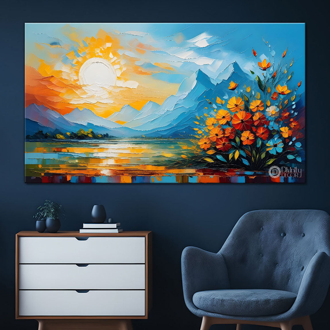 Mountains with flowers and sunset painting Canvas Painting - Nature Art -406