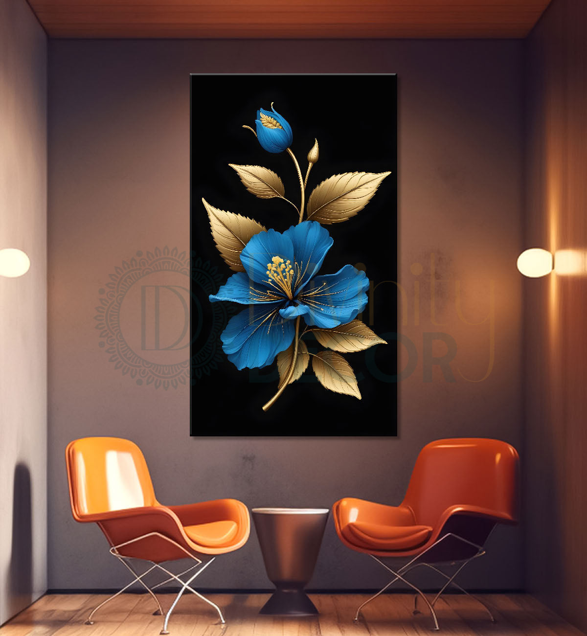 Blue hibiscus flower in dark textured painting- Flower-V-406
