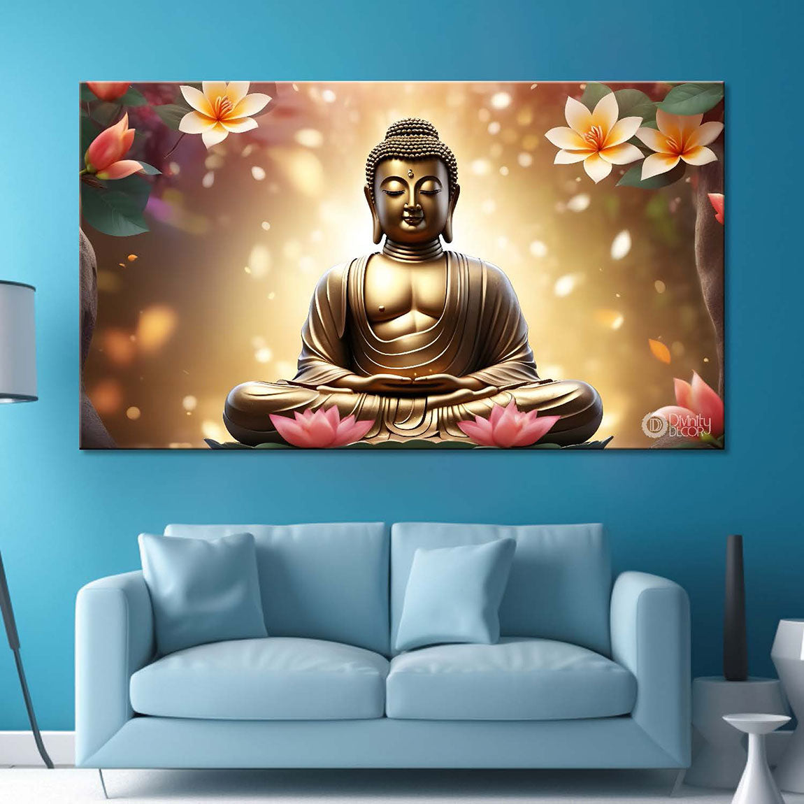 Golden buddha with golden and lotus background textured painting Canvas Wall Painting - Buddha-407