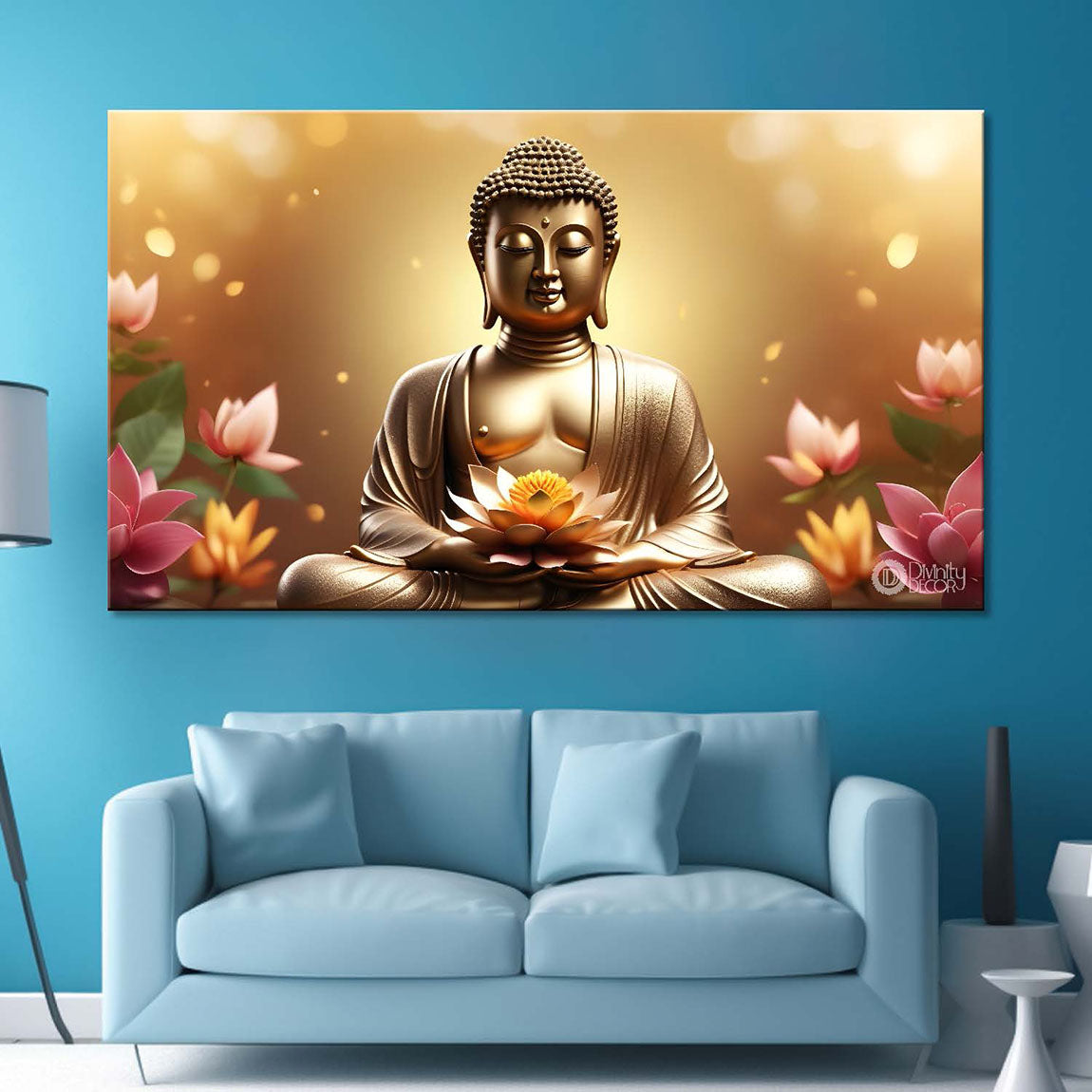 Golden buddha with golden and lotus background textured painting Canvas Wall Painting - Buddha-408