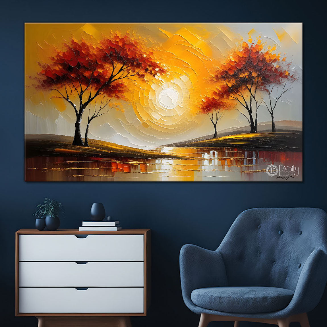 Orange trees with sun painting Canvas Painting - Nature Art -408