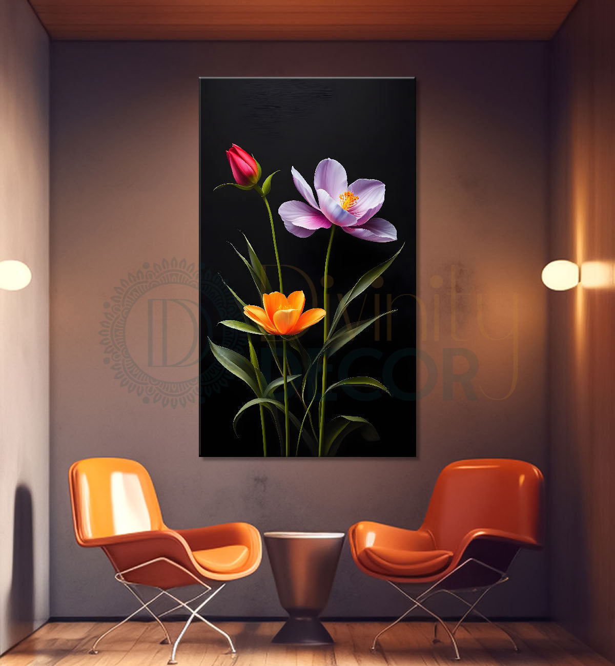 Orange and purple flowers in dark textured painting- Flower-V-408