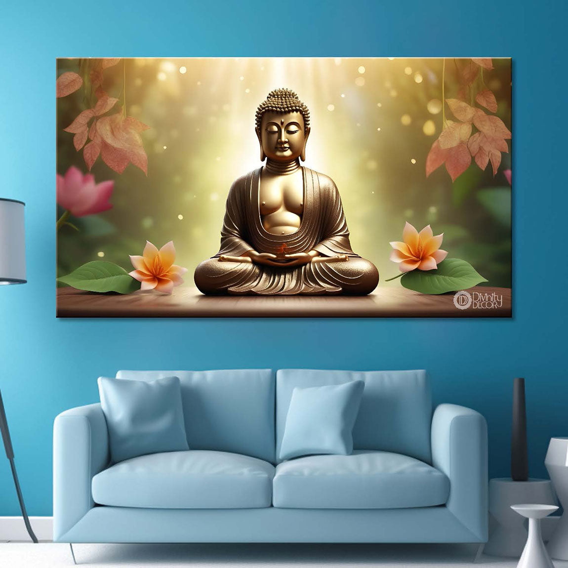 Golden buddha with golden and lotus background textured painting Canvas Wall Painting - Buddha-409
