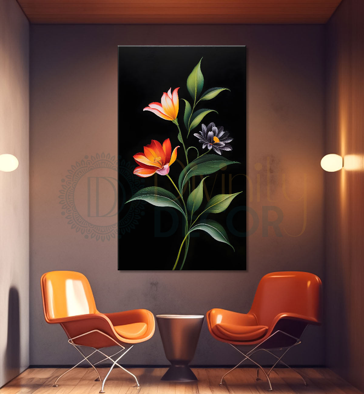 Orange and yellow flowers in dark textured painting- Flower-V-409