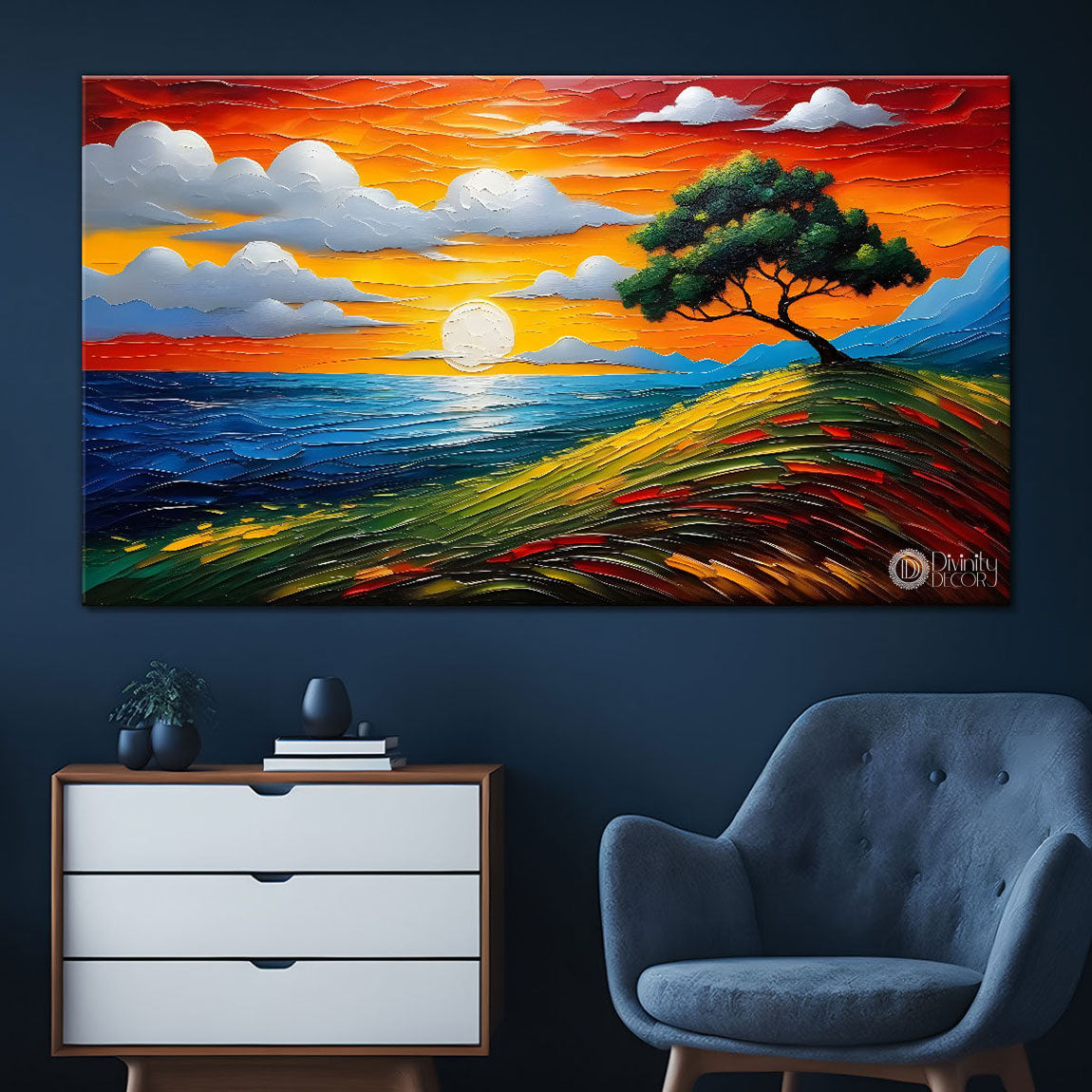 Sunset with mountains and tree painting Canvas Painting - Nature Art -409