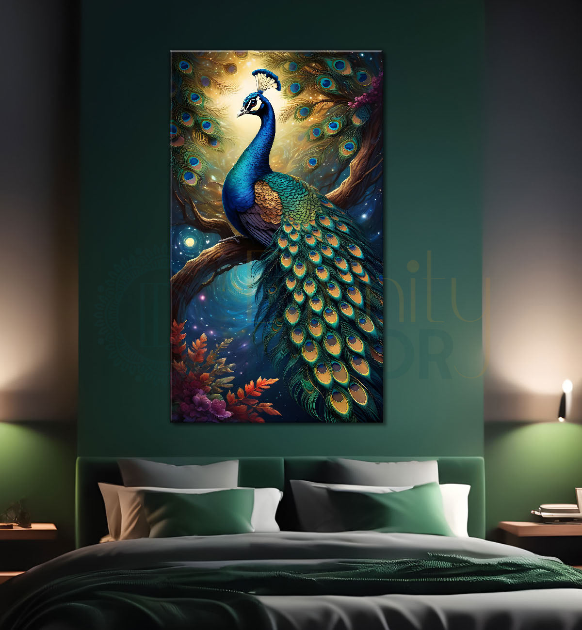 Peacock in front of moon with blue background modern art painting  - Design - Peacock-V-40
