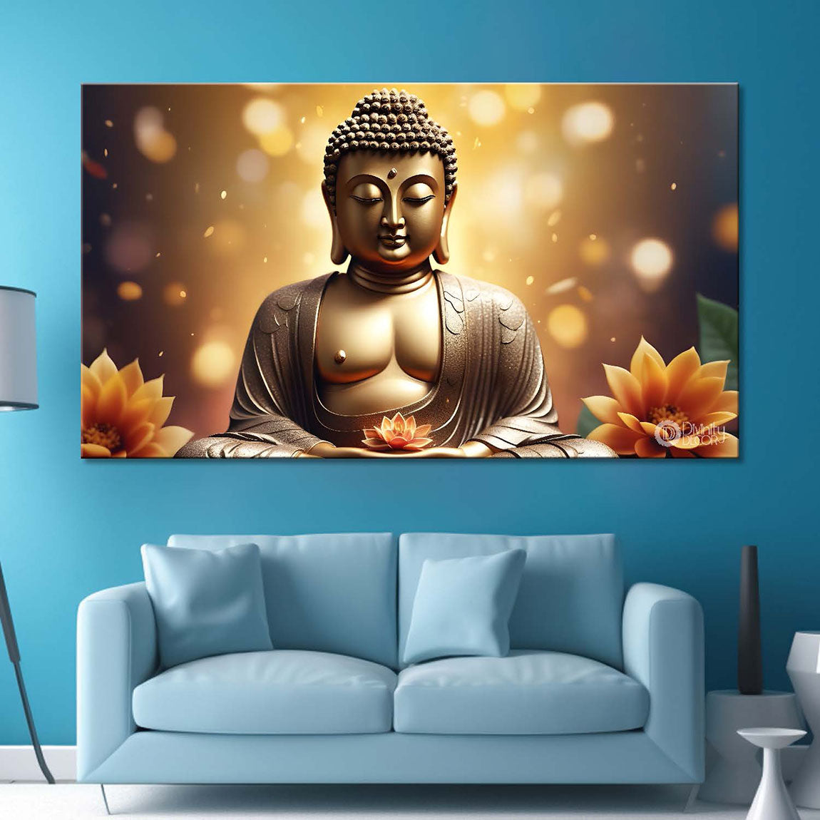 Golden buddha with golden and lotus background textured painting Canvas Wall Painting - Buddha-410