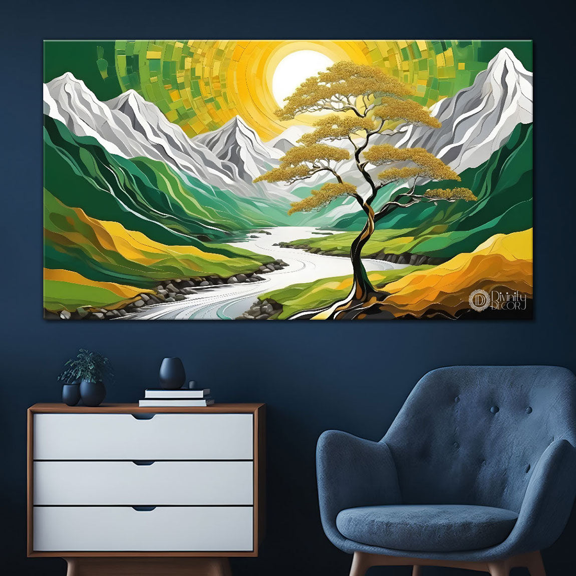 White mountains with sun and tree painting Canvas Painting - Nature Art -410