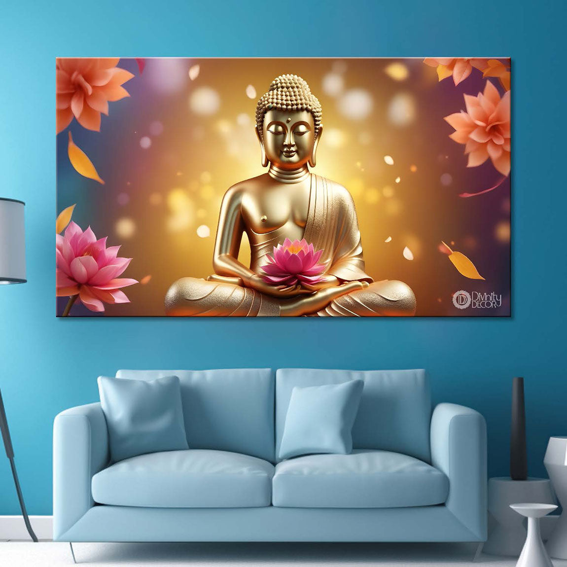 Golden buddha with golden and lotus background textured painting Canvas Wall Painting - Buddha-411