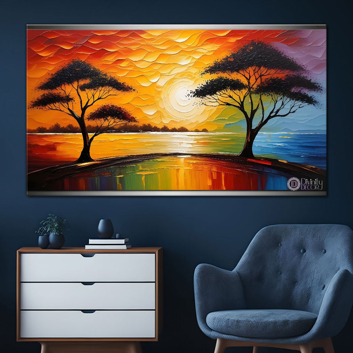 Trees with sunset painting painting Canvas Painting - Nature Art -411