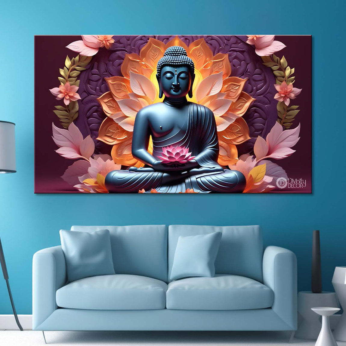 Buddha with lotus background textured painting Canvas Wall Painting - Buddha-412