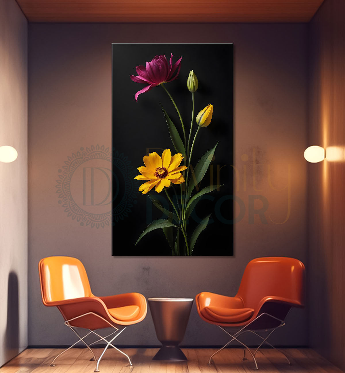 Red and yellow flowers in dark textured painting- Flower-V-412