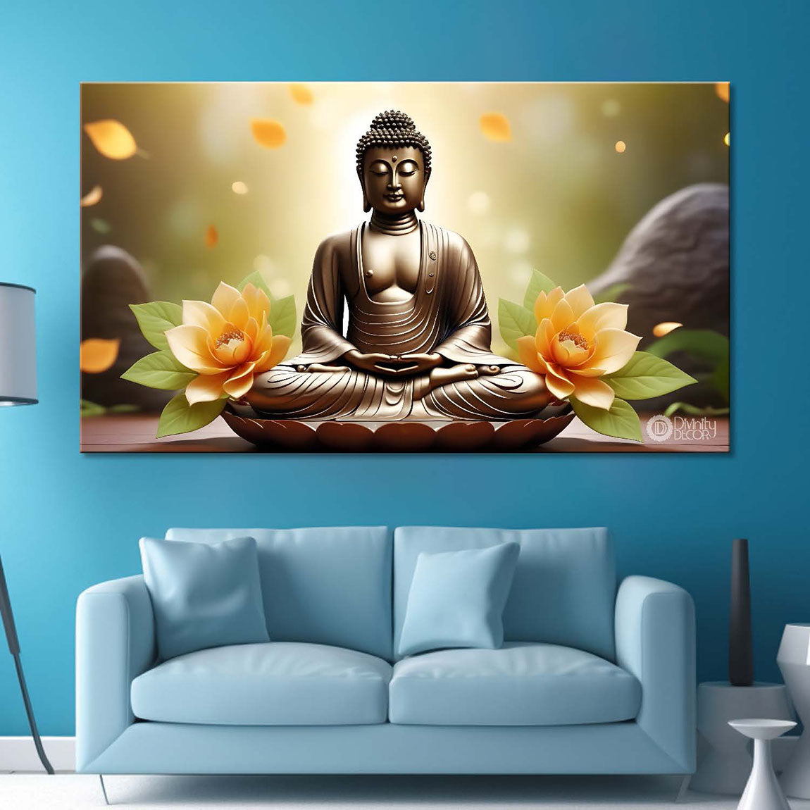 Golden buddha with green and lotus background textured painting Canvas Wall Painting - Buddha-413
